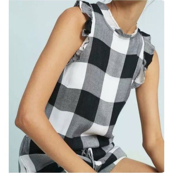 Cloth & Stone Buffalo Check Romper Black White Anthropologie Small Pockets $128 - Picture 1 of 12